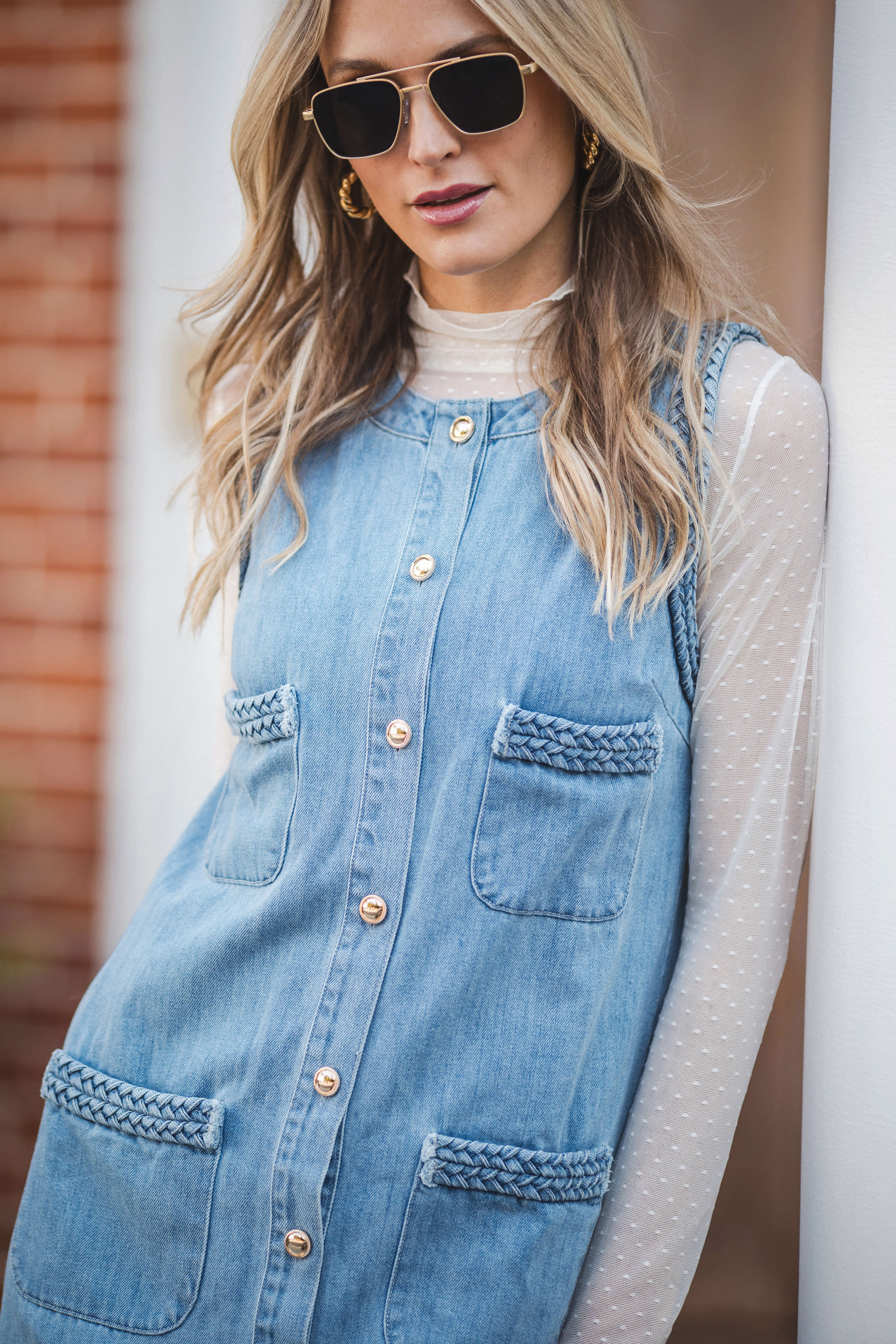 Lalavon Braided Denim Pocket Front Sleeveless Mini Dress