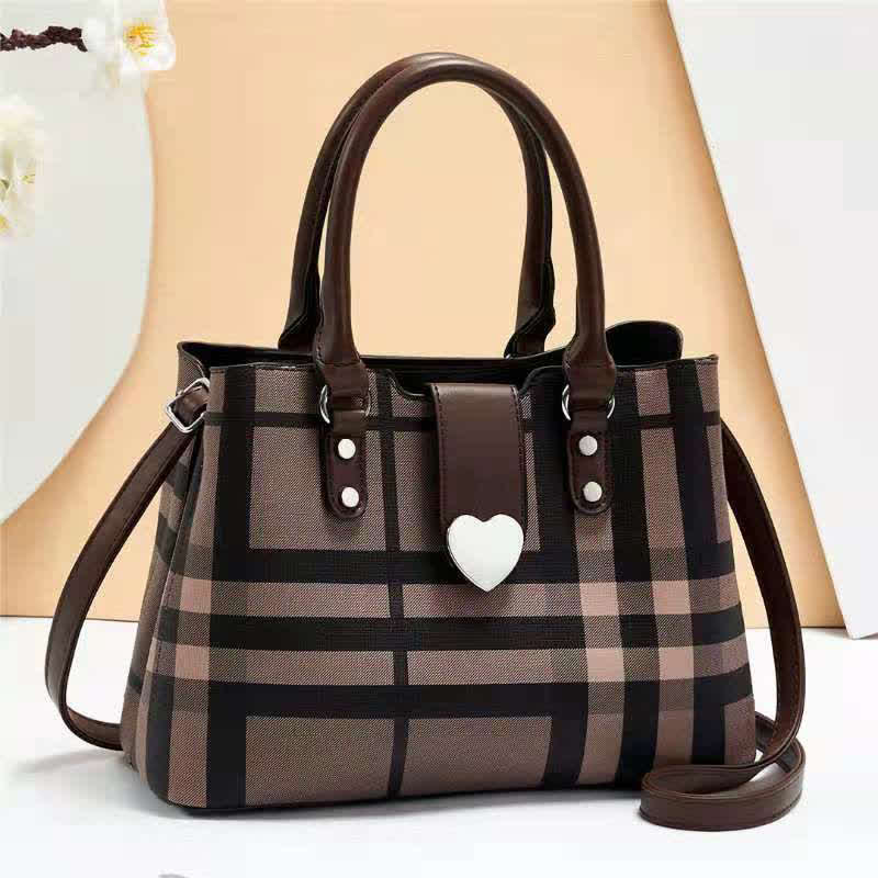 Triple Compartment Women's Top Handle Satchel Leather Plaid Crossbody Shoulder Bag