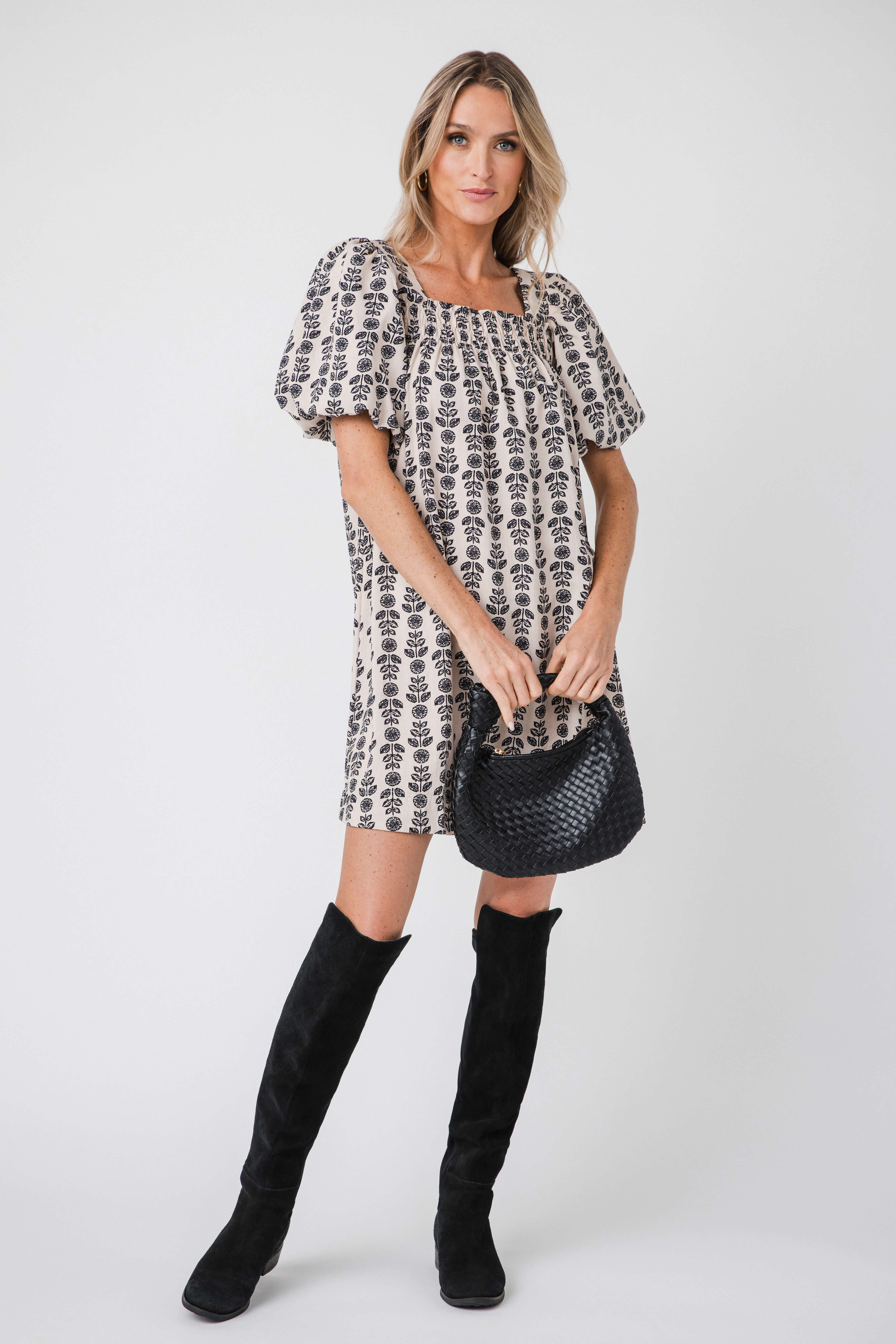 Gigio Printed Smocked Square Neck Dress