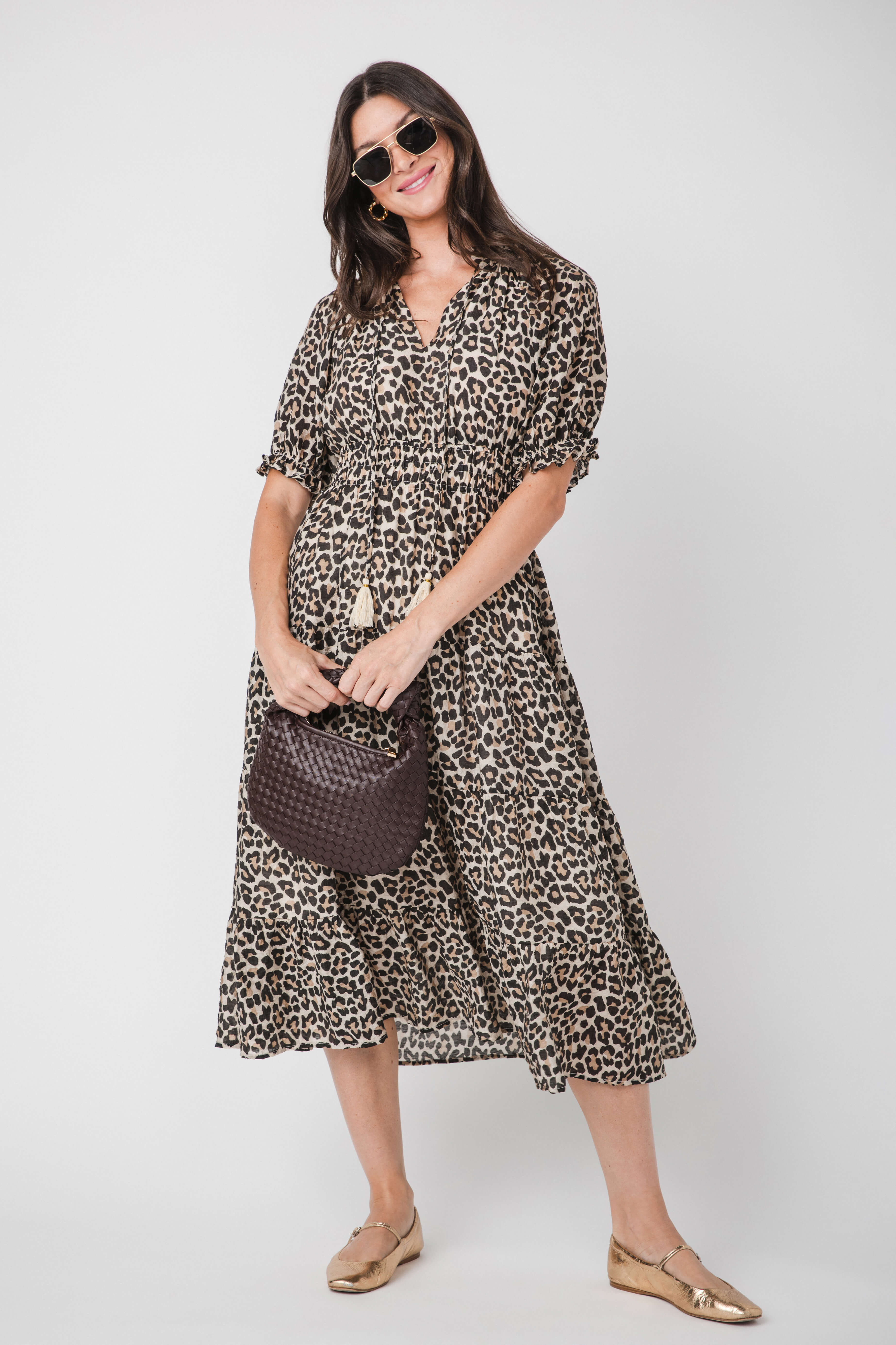 THML Leopard Print Tassel Tie Maxi Dress