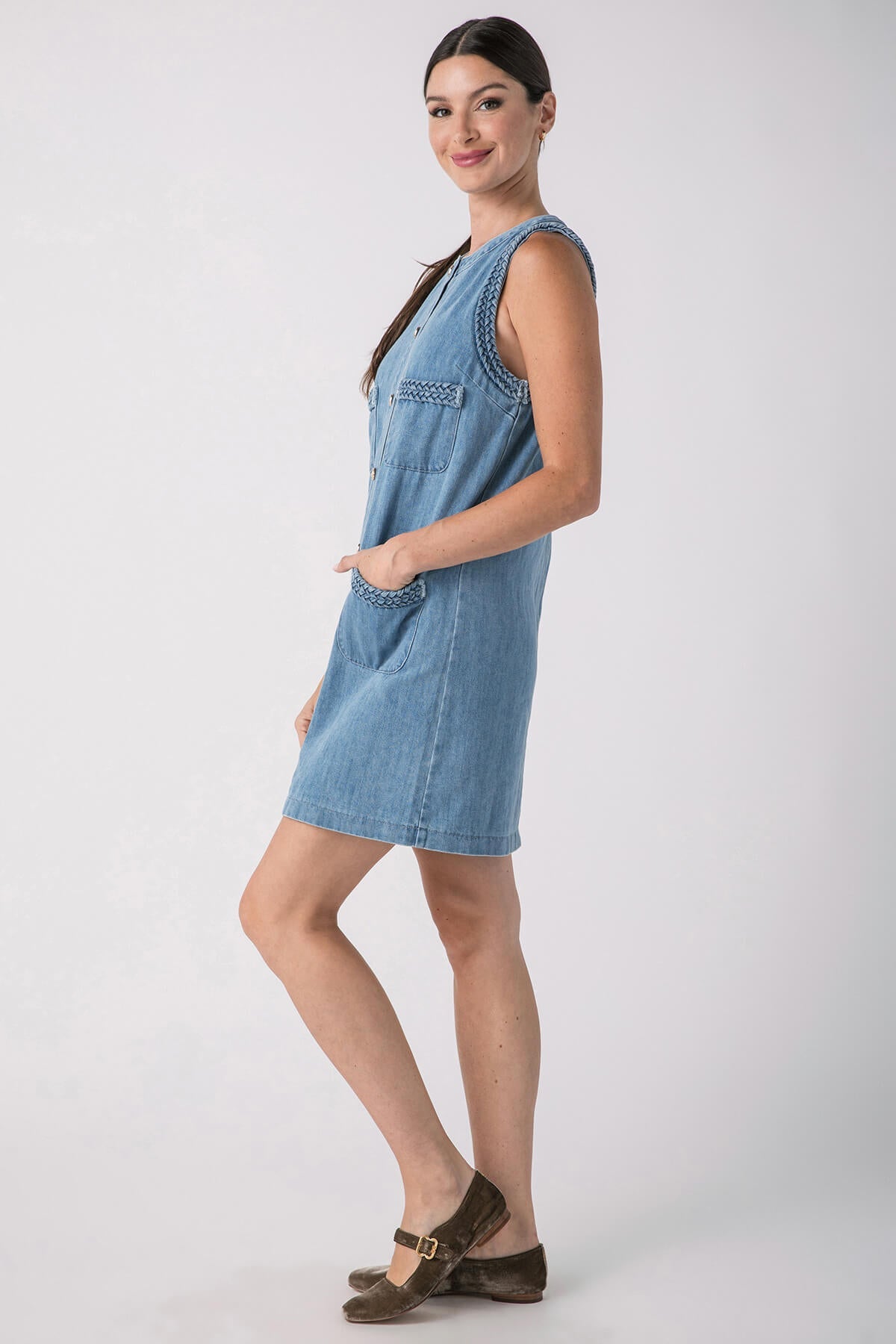 Lalavon Braided Denim Pocket Front Sleeveless Mini Dress