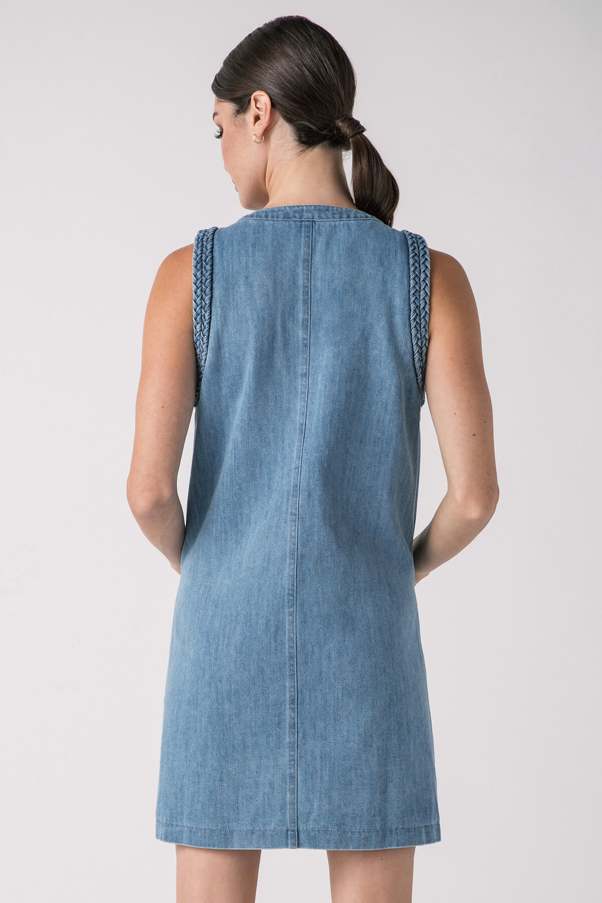 Lalavon Braided Denim Pocket Front Sleeveless Mini Dress