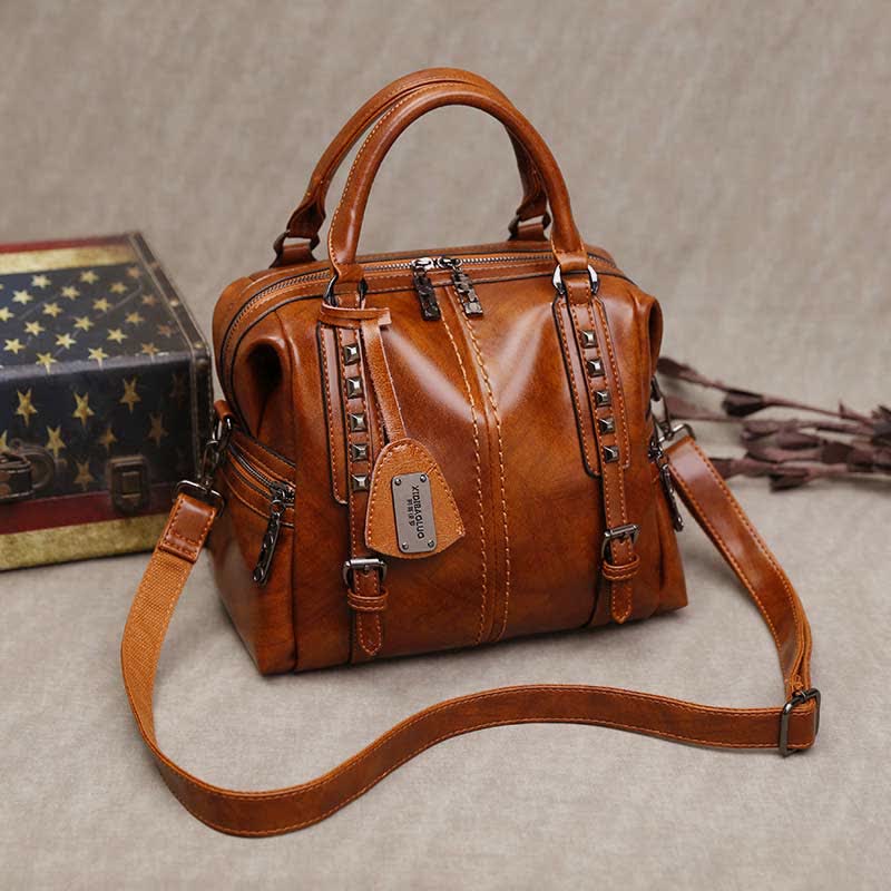 Retro Oil Wax Leather Rivet Handbag Tote Satchel Crossbody Bag